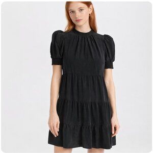 Alice + Olivia Dorine Puff Sleeve Trapeze Mini Dress Black Size Large NWT